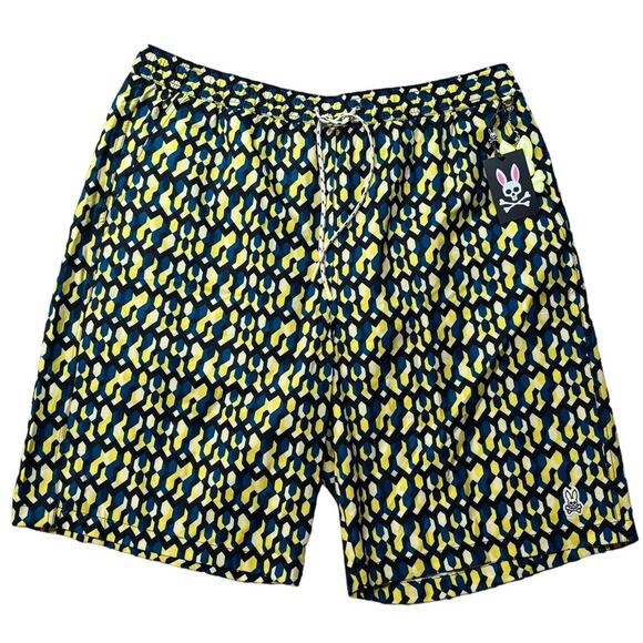 Psycho Bunny "Everett" Blue & Yellow Graphic Print Swim Trunks Size 1XLT NEW - Picture 2 of 10